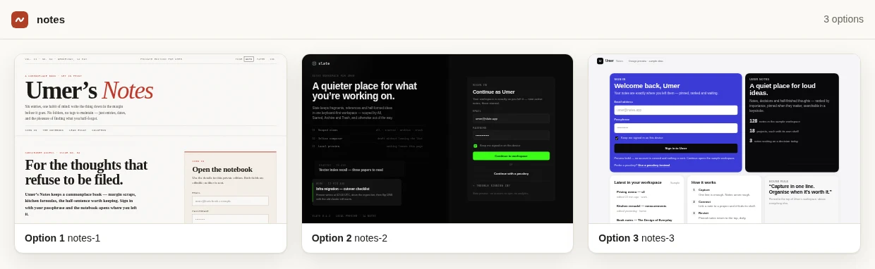 First Draft's grid of three notes-app options from one prompt, each in a different style