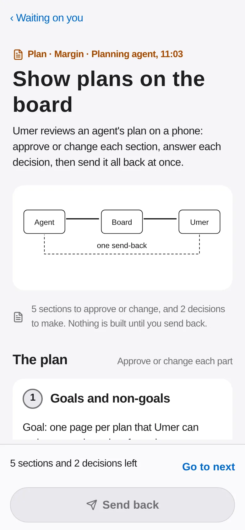 A plan page: the idea in one picture, then each section to approve or change