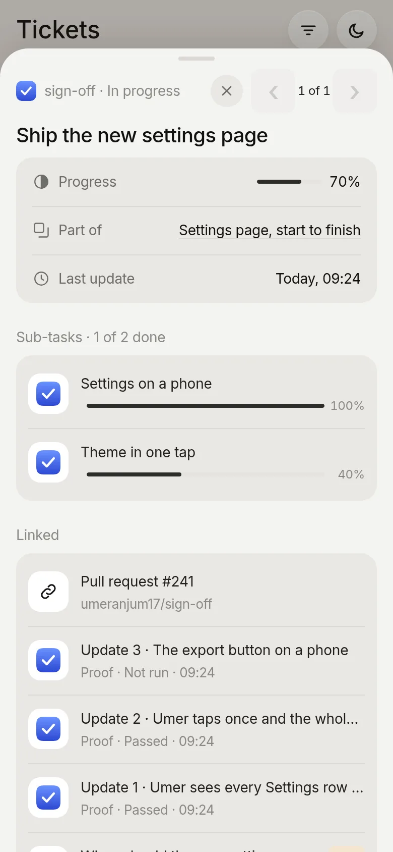 A ticket: its progress, the epic it is part of, its sub-tasks and a linked pull request